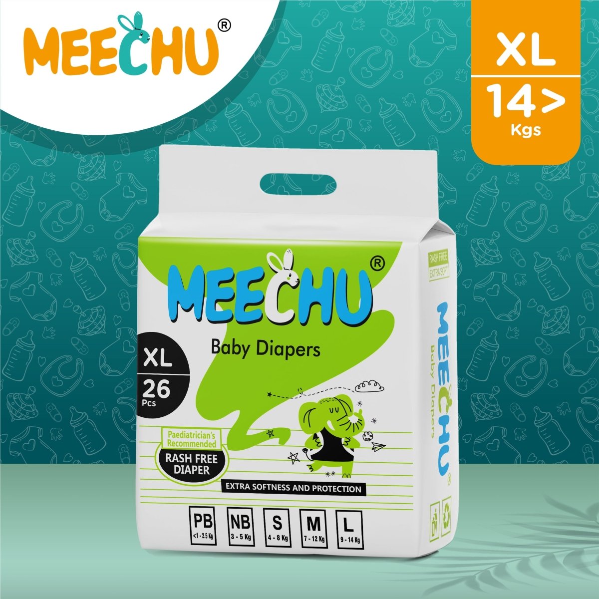 Meechu Extra Large XL Baby Diapers(>14kg) | Anti - rash| 3D Leak Guard | Magic Grip - Meechu